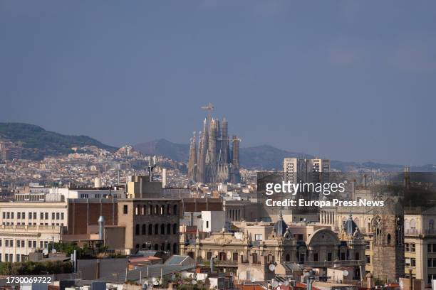 Panoramic view of Barcelona with the Sagrada Familia Basilica in the background on October 11, 2023 in Barcelona, Catalonia, Spain.