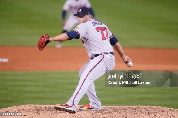 Jesse Chavez of the Atlanta Braves pitches during game two of a doubleheader of a baseball game against the Washington Nationals at Nationals Park on...