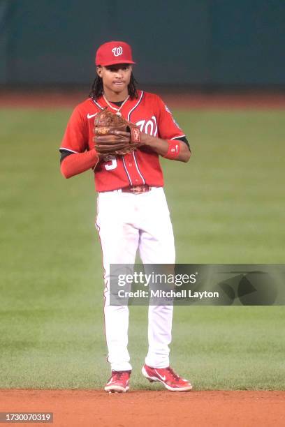 Abrams of the Washington Nationals in position during game two of a doubleheader of a baseball game against the Atlanta Braves at Nationals Park on...