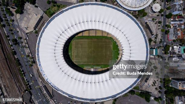 An aerial view of the Maracana Stadium on October 11, 2023 in Rio de Janeiro, Brazil. Fluminense of Brazil and Boca Juniors of Argentina will play...