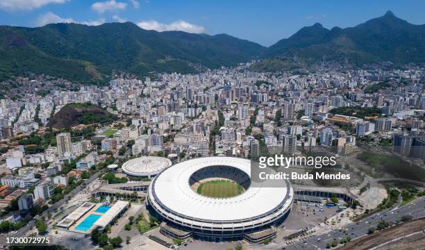 An aerial view of the Maracana Stadium on October 11, 2023 in Rio de Janeiro, Brazil. Fluminense of Brazil and Boca Juniors of Argentina will play...