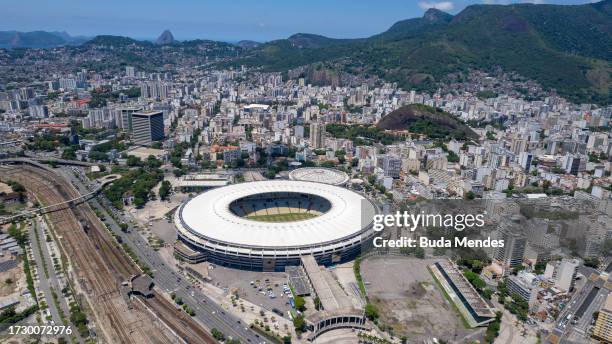 An aerial view of the Maracana Stadium on October 11, 2023 in Rio de Janeiro, Brazil. Fluminense of Brazil and Boca Juniors of Argentina will play...