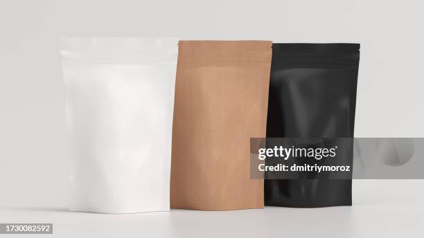 Black, craft and white packaging pouches mockup for tea, coffee, snack on white background