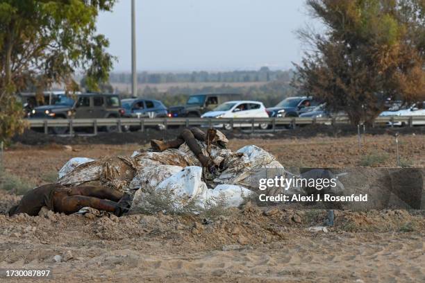 The bodies of Hamas militants are left in fields outside of the kibbutz where dozens of civilians were killed days earlier near the border with Gaza...