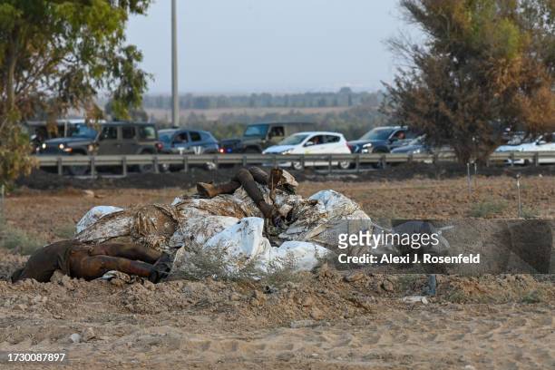 The bodies of Hamas militants are left in fields outside of the kibbutz where dozens of civilians were killed days earlier near the border with Gaza...