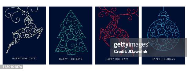 happy holidays greeting design with curls and embellishments abstract deer, snowflake, tree, ornament - line embellishment stock illustrations