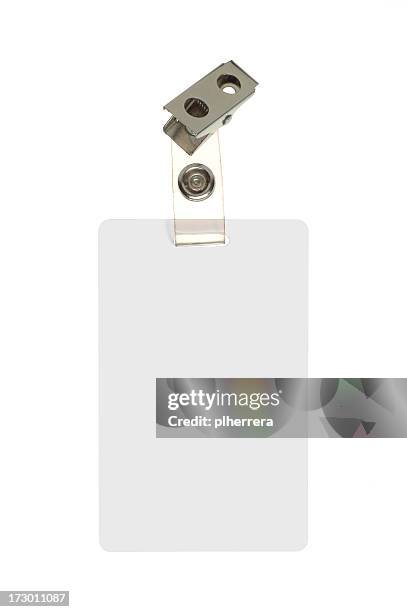 employee identification badge on white background - naamplaatje etiket stockfoto's en -beelden