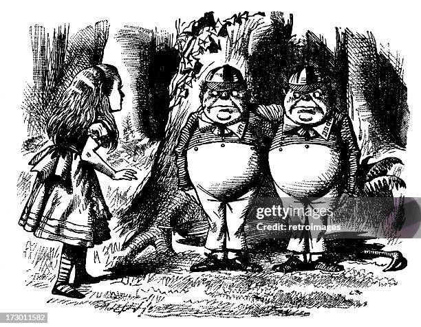 alice, tweedledum and tweedledee illustration, (alice's adventures in wonderland) - alice in wonderland fictional character stock illustrations