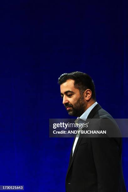 Scotland's First Minister Humza Yousaf leaves the stage after his speech rehearsal during the Scottish National Party annual conference, in Aberdeen,...