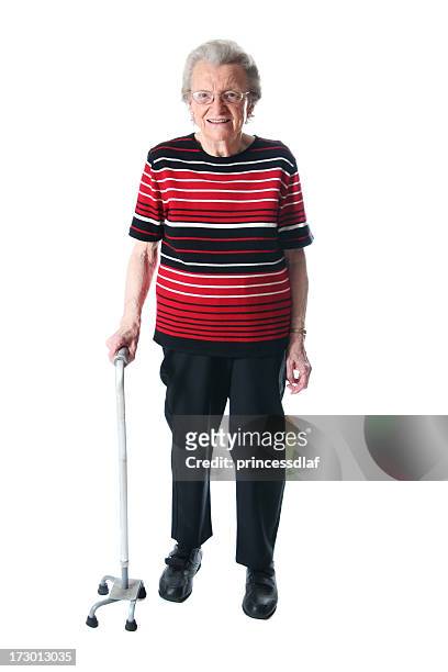woman with a cane - old person on white background stockfoto's en -beelden
