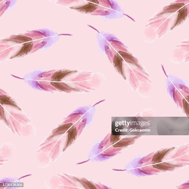 watercolor pink feathers seamless pattern. boho abstract background. design element for greeting cards and wedding, birthday and other holiday and summer invitation cards background. - feather pattern stock illustrations