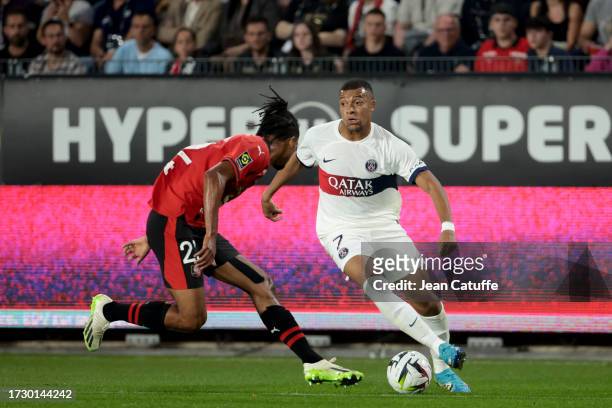 Kylian Mbappe of PSG in action during the Ligue 1 Uber Eats match between Stade Rennais FC and Paris Saint-Germain at Roazhon Park on October 8, 2023...