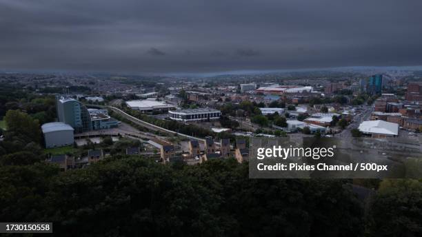 high angle view of townscape against sky,sheffield,united kingdom,uk - sheffield cityscape stock pictures, royalty-free photos & images