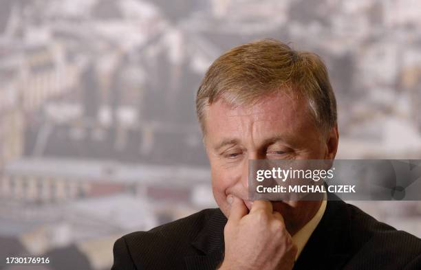 Czech Prime Minister Mirek Toplanek gestures during a press conference with his counterparts Polish Donald Tusk, Slovenian Janez Jansa, Hungarian...