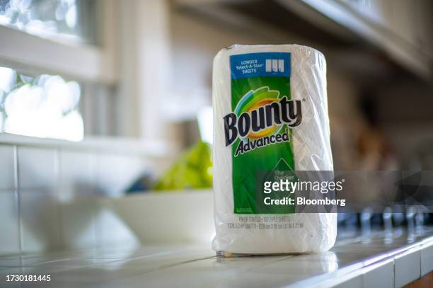 Roll of Proctor & Gamble Bounty brand paper towels arranged in Crockett, California, US, on Sunday, Oct. 8, 2023. Proctor & Gamble Co. Is expected to...