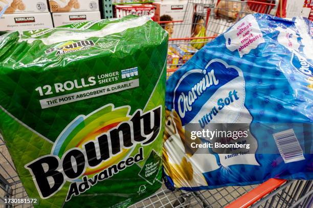 Proctor & Gamble Bounty brand paper towels and Charmin bathroom tissues in a shopping cart at a store in Vallejo, California, US, on Saturday, Oct....