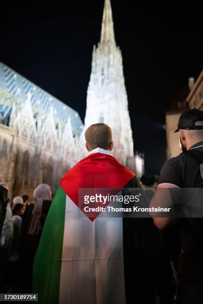 Demonstrators gather to show their solidarity with Palestine despite Austrian Police prohibiting the gathering on October 11, 2023 in Vienna,...