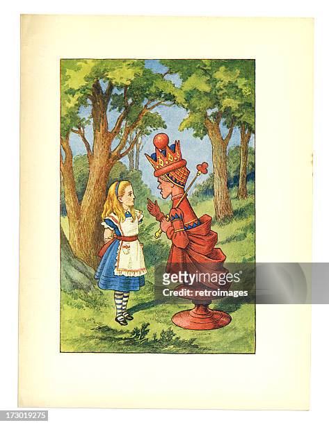 red queen illustration, (alice's adventures in wonderland) - queen old young stock illustrations