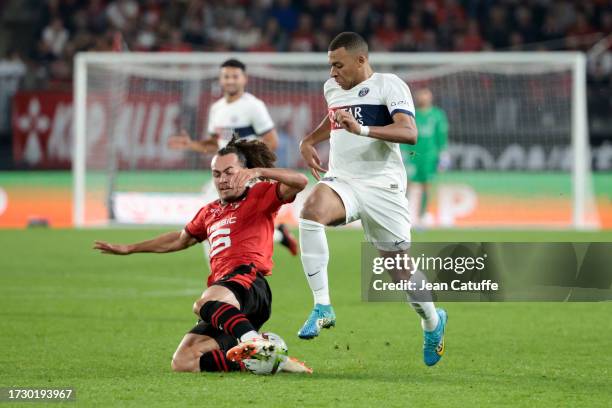 Arthur Theate of Rennes, Kylian Mbappe of PSG during the Ligue 1 Uber Eats match between Stade Rennais FC and Paris Saint-Germain at Roazhon Park on...