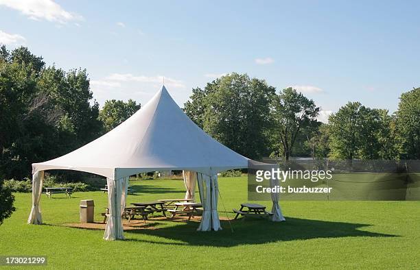 small marquee tent with picnic tables in a park - tent stockfoto's en -beelden