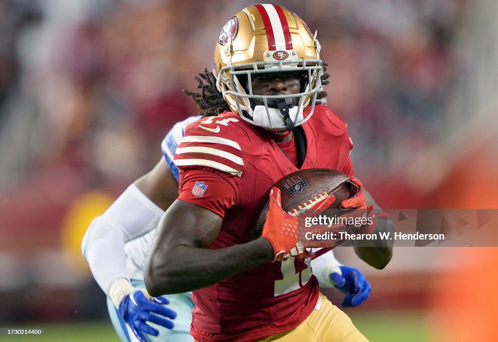 Brandon Aiyuk of the San Francisco 49ers catches a pass over Noah