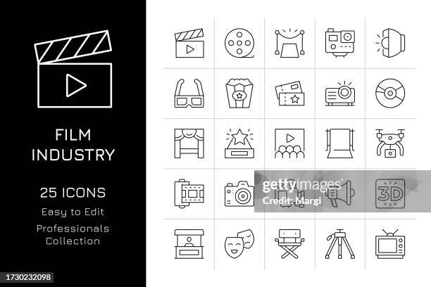 film industry icon set - camera icon editable stroke stock illustrations
