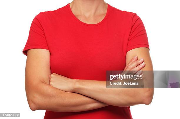 red shirt - women arms crossed stock pictures, royalty-free photos & images