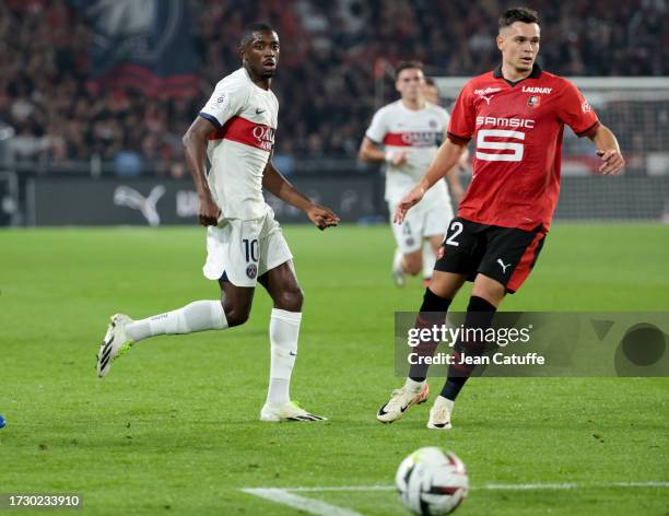 Ousmane Dembele of PSG, Fabian Rieder of Rennes in action during the Ligue 1 Uber Eats match between Stade Rennais FC and Paris Saint-Germain at...