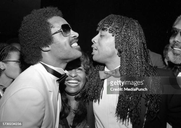 Stevie Wonder Chaka Khan and Rick James at the 1982 American Music Awards on January 25, 1982.