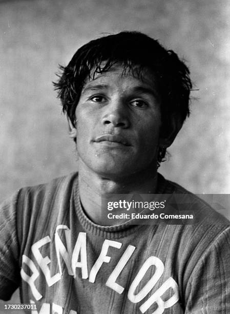 Portrait Argentine Middleweight boxer Carlos Monzón during a boxing practice at the Luna Park sports complex, Buenos Aires, Argentina, 1972.