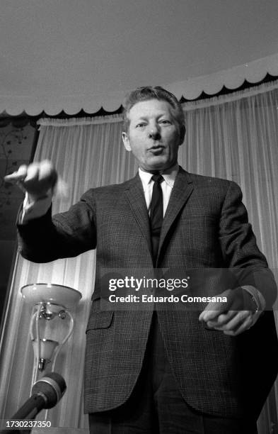 View of American actor and dancer Danny Kaye as he speaks during a press conference at the Buenos Aires Plaza Hotel, Buenos Aires, Argentina, 1967.