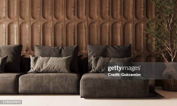 luxury home living room interior with wood paneling and gray sofa. 3d rendering. - bonsai tree office stock pictures, royalty-free photos & images