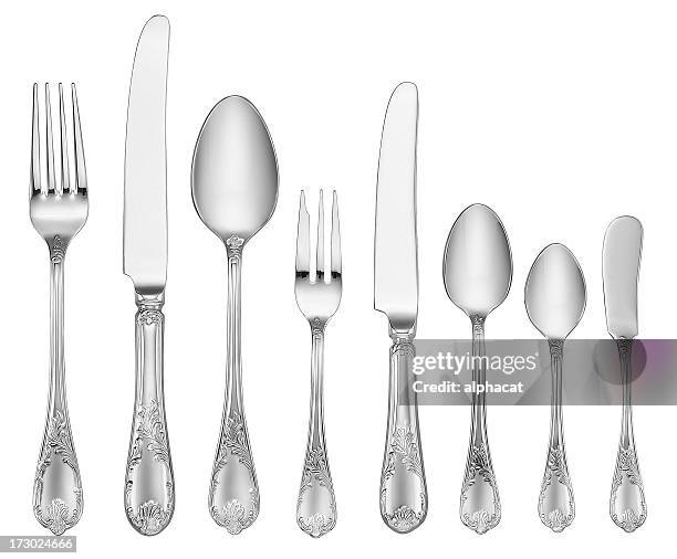 elegant silverware set (clipping path) - silver coloured stock pictures, royalty-free photos & images