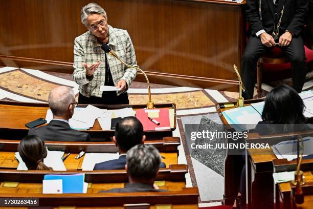 French Prime Minister Elisabeth Borne addresses a speech during a session of questions to the government at the French National Assembly on October...