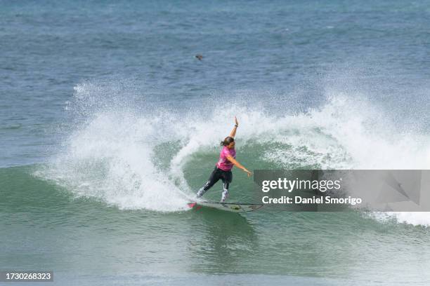 Sally Fitzgibbons of Australia surfs in Heat 1 of the Round of 32 at the Corona Saquarema Pro on October 16, 2023 at Saquarema, Rio De Janeiro,...