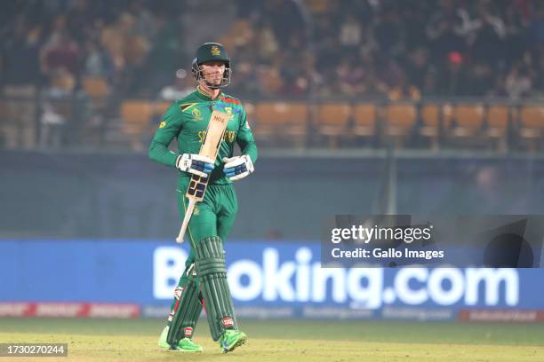 Rassie van der Dussen of South Africa makes his way off after being dismissed during the ICC Men's Cricket World Cup 2023 match between South Africa...