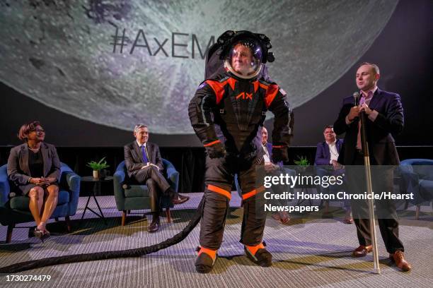 Axiom Space EVA Chief Engineer, Jim Stein demonstrates a new spacesuit developed by Houston-based company Axiom Space for NASAs Artemis program,...