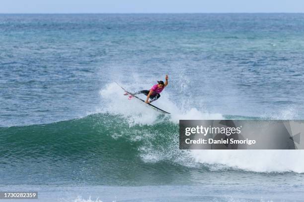 Sally Fitzgibbons of Australia surfs in Heat 1 of the Round of 32 at the Corona Saquarema Pro on October 16, 2023 at Saquarema, Rio De Janeiro,...