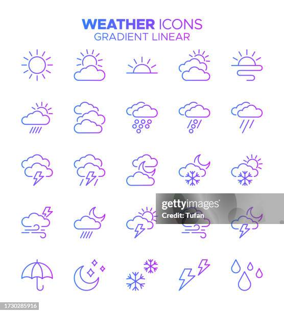 weather - gradient thin line vector icon set - sun, moon, summer, snowflake, temperature, night, meteorology, thermometer - sun moon stock illustrations