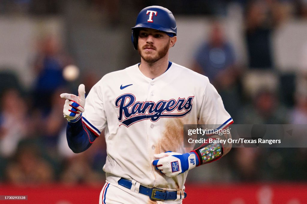 Texas Ranger Heim Jonah Heim of the Texas Rangers celebrates hitting a home run while ...