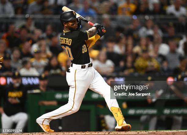 Liover Peguero of the Pittsburgh Pirates in action during the game against the Miami Marlins at PNC Park on September 30, 2023 in Pittsburgh,...