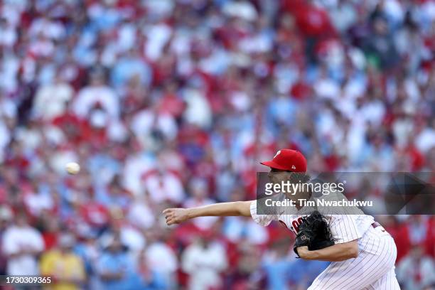 Aaron Nola of the Philadelphia Phillies throws a pitch against the Atlanta Braves during the first inning in Game Three of the Division Series at...