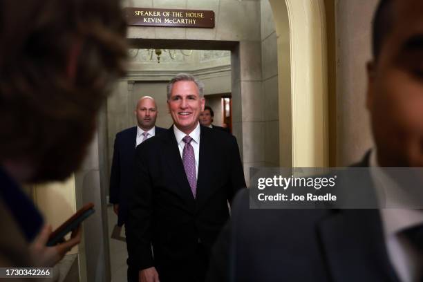 Former Speaker of the House Kevin McCarthy leaves after House Republicans nominated House Majority Leader Steve Scalise to be their candidate for...