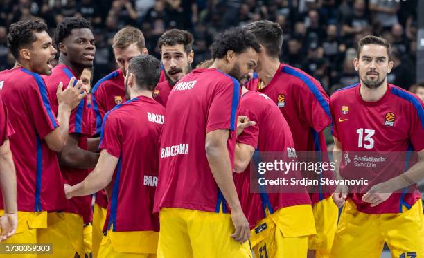 Players of FC Barcelona enter the court prior to the Turkish Airlines EuroLeague season 2023/2024 match between Partizan Mozzart Bet Belgrade and FC...