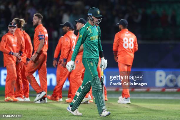 Marco Jansen of South Africa makes his way off after being dismissed during the game during the ICC Men's Cricket World Cup 2023 match between South...