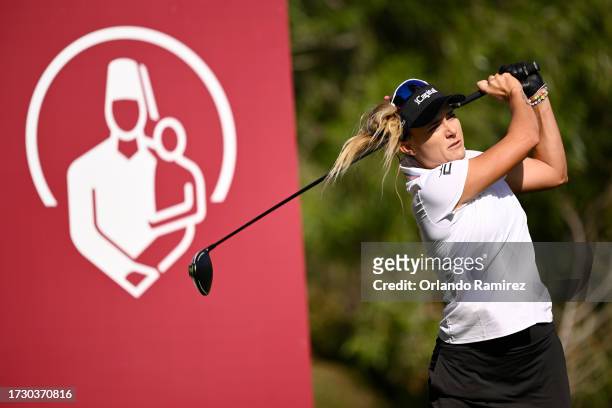 Lexi Thompson of the United States plays her shot from the 13th tee prior to the Shriners Children's Open at TPC Summerlin on October 11, 2023 in Las...