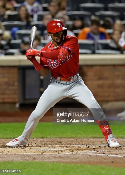 Johan Rojas of the Philadelphia Phillies in action against the New York Mets during the second inning of the second game of a doubleheader at Citi...