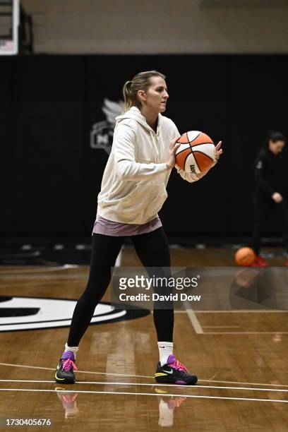 Allie Quigley warms up Courtney Vandersloot of the New York Liberty during practice and media availability at the 2023 WNBA Finals on October 16,...