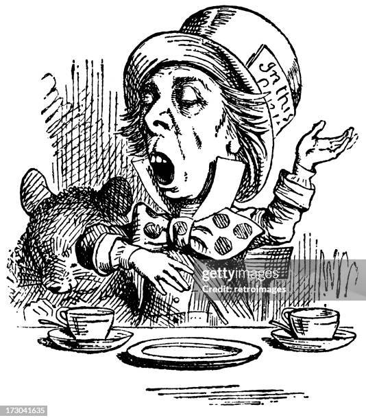 mad hatter having tea illustration, (alice's adventures in wonderland) - mad hatter illustration stock illustrations