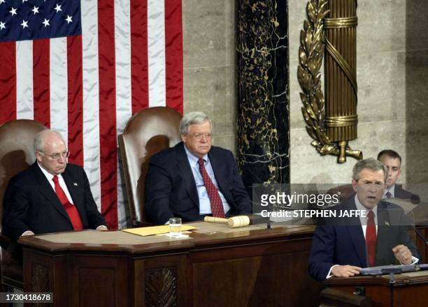 President George W. Bush delivers his State of the Union address to a joint session of Congress before US Vice President Dick Cheney and Speaker of...